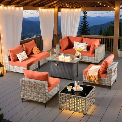 Front. Ovios - 8 PCS Patio Furniture Sofa Set Sectional Couch with Coffee Table & 42" Fire Pit Table for Yard - Coarse Orange Red.