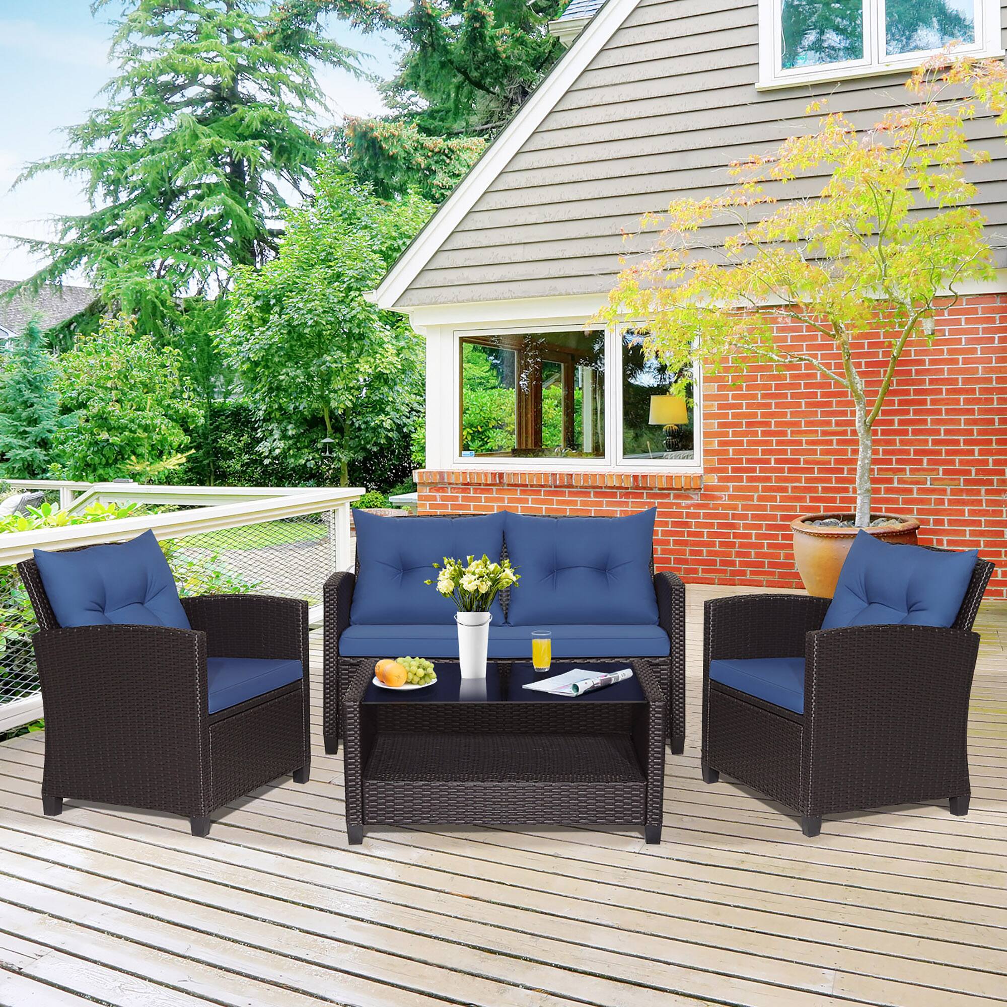 Alt View 3. Gymax - Gymax 8PCS Outdoor Conversation Set Patio PE Rattan Set w/ Glass Table & Sofa Cushions Navy - Navy.