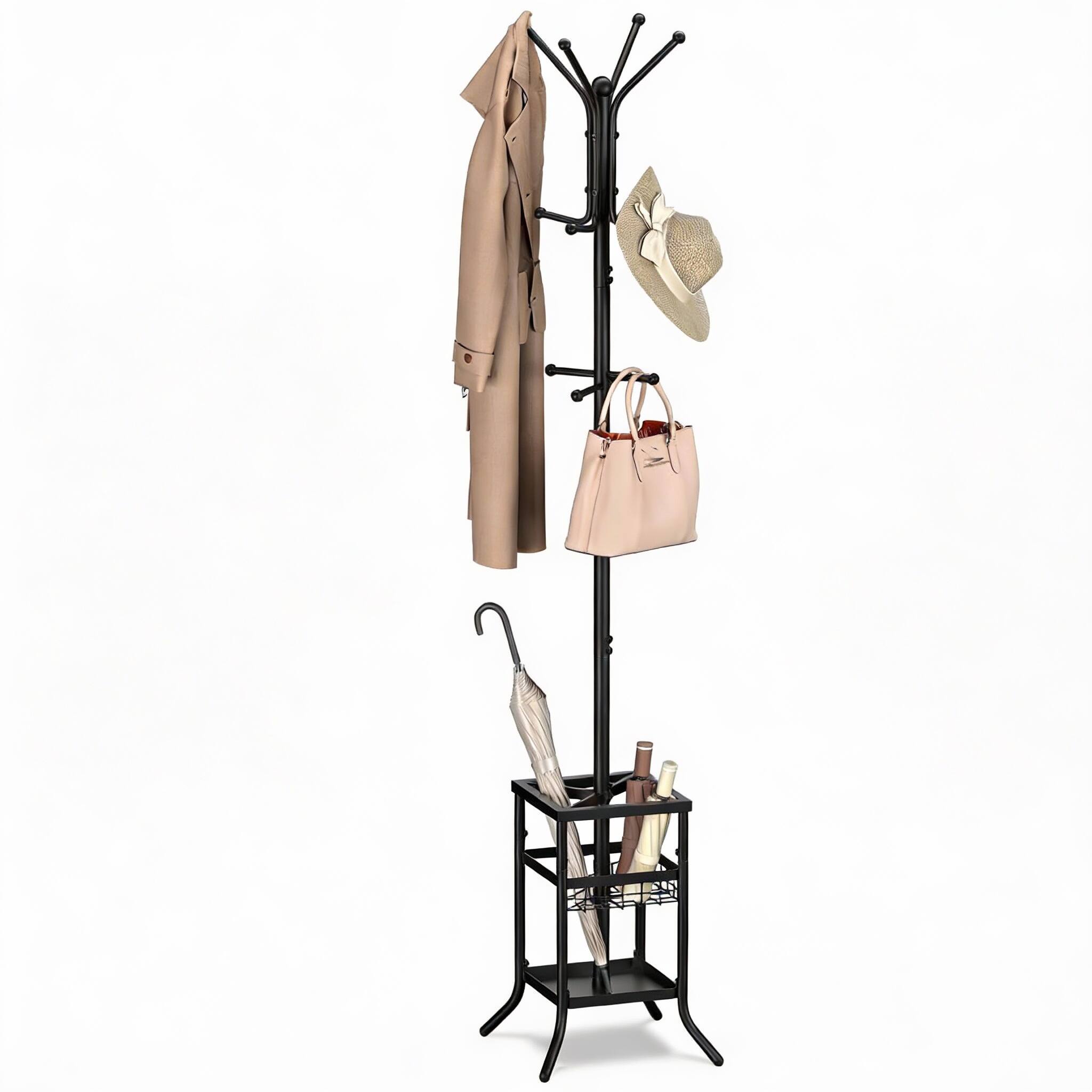 Front. CovertSafe - Metal Tree Coat Rack 12 Hooks Umbrella Stand Entryway Hallway - Black 13.7"D x 13.7"W x 73.6"H.