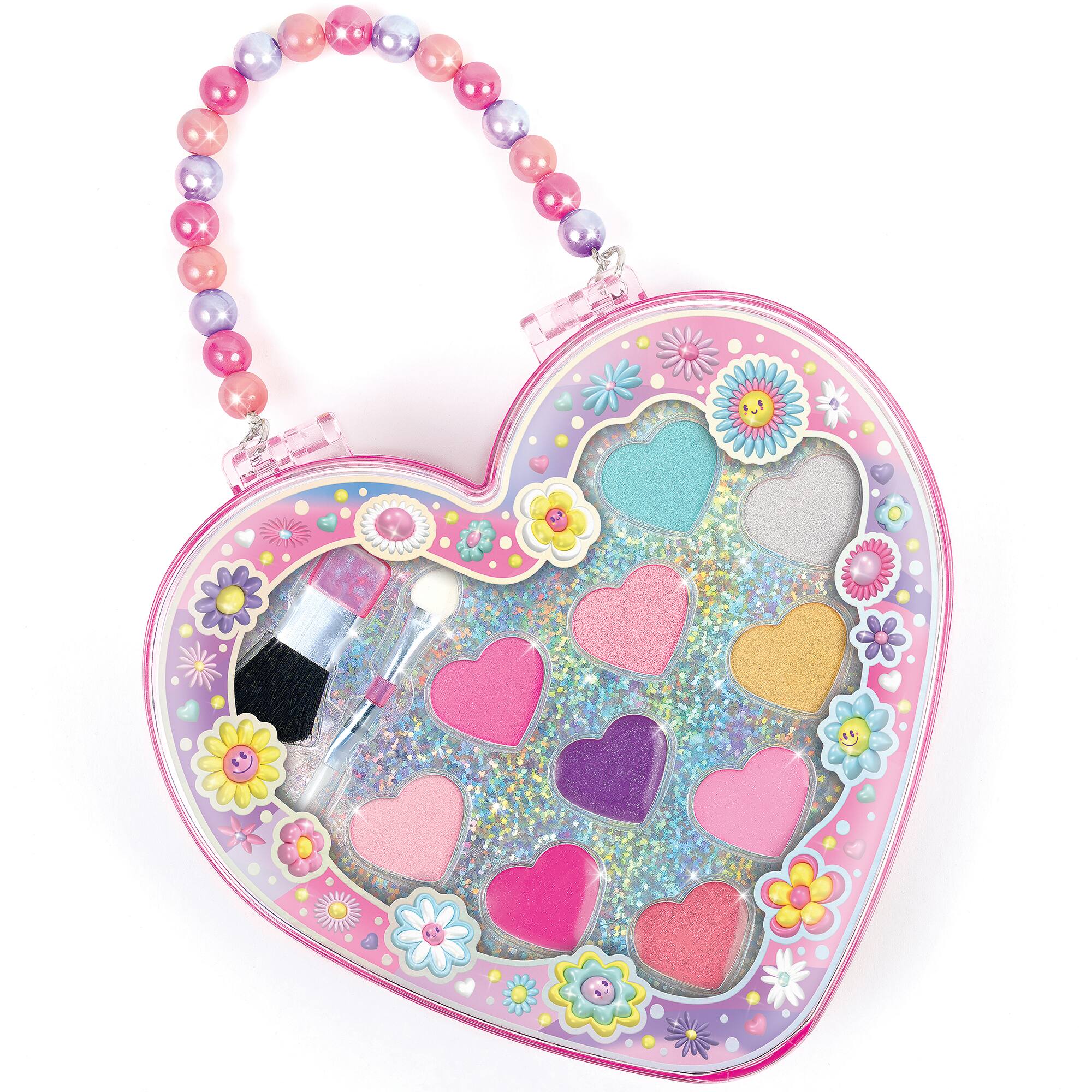 Front. Make It Real - Glimmer & Glow: Sweetheart Cosmetic Case - Heart-Shaped Beauty Box.