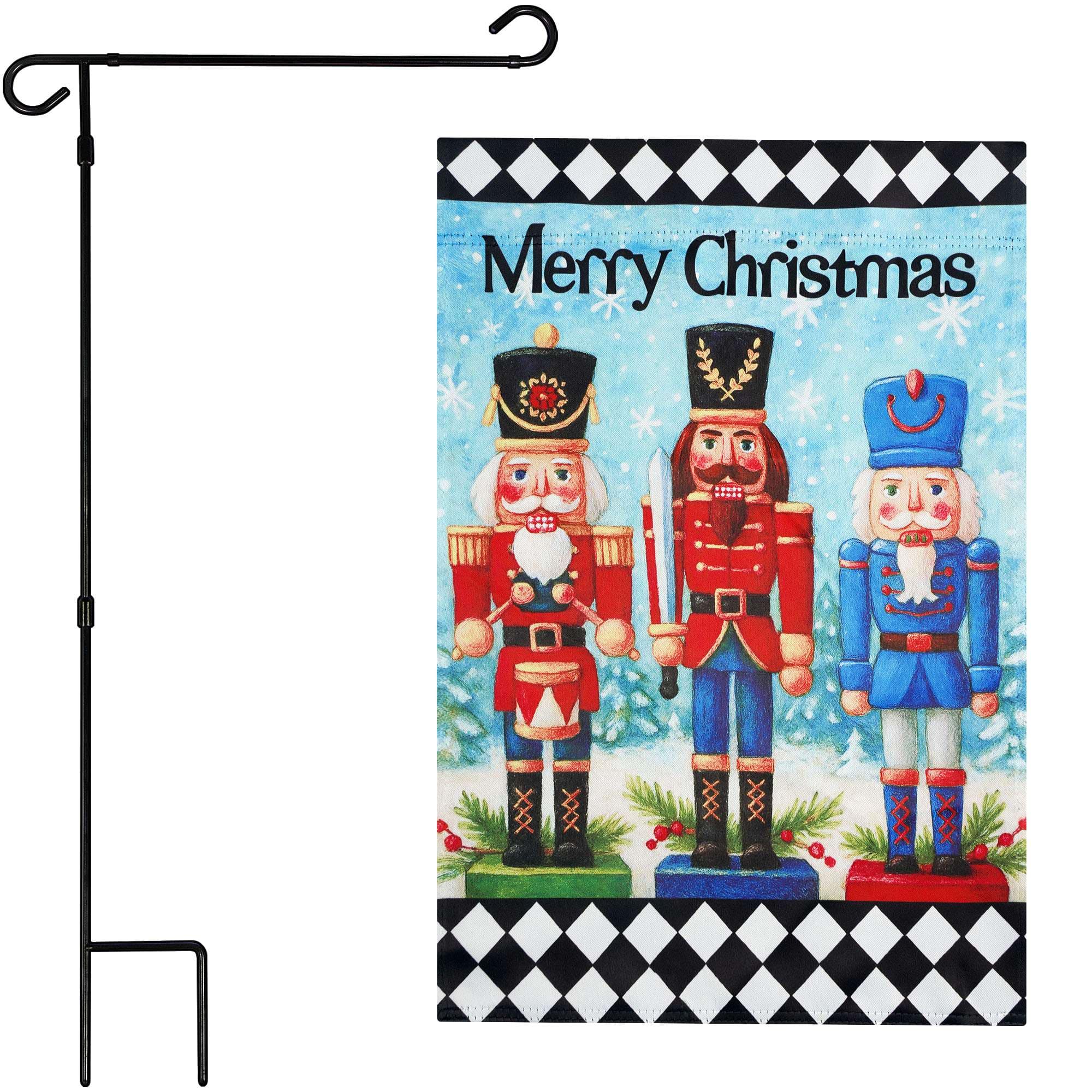 G128 - 36x16IN Garden Flag Stand & 12x18 Merry Christmas Nutcrackers Flag Kit - Black