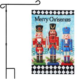 G128 - 36x16IN Garden Flag Stand & 12x18 Merry Christmas Nutcrackers Flag Kit - Black