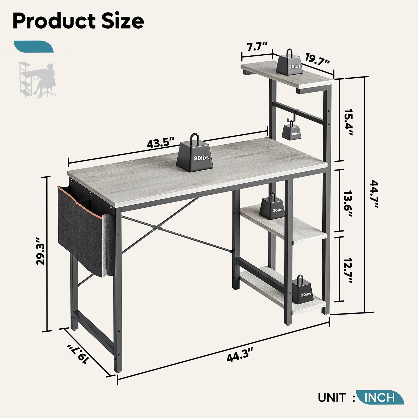 Product Size

7.7" 20lbs  
19.7" 43.5" 80lbs  
15.4" 29.3" 208  
13.6" 12.7" 44.7" 19.7" 44.3"  

UNIT: INCH