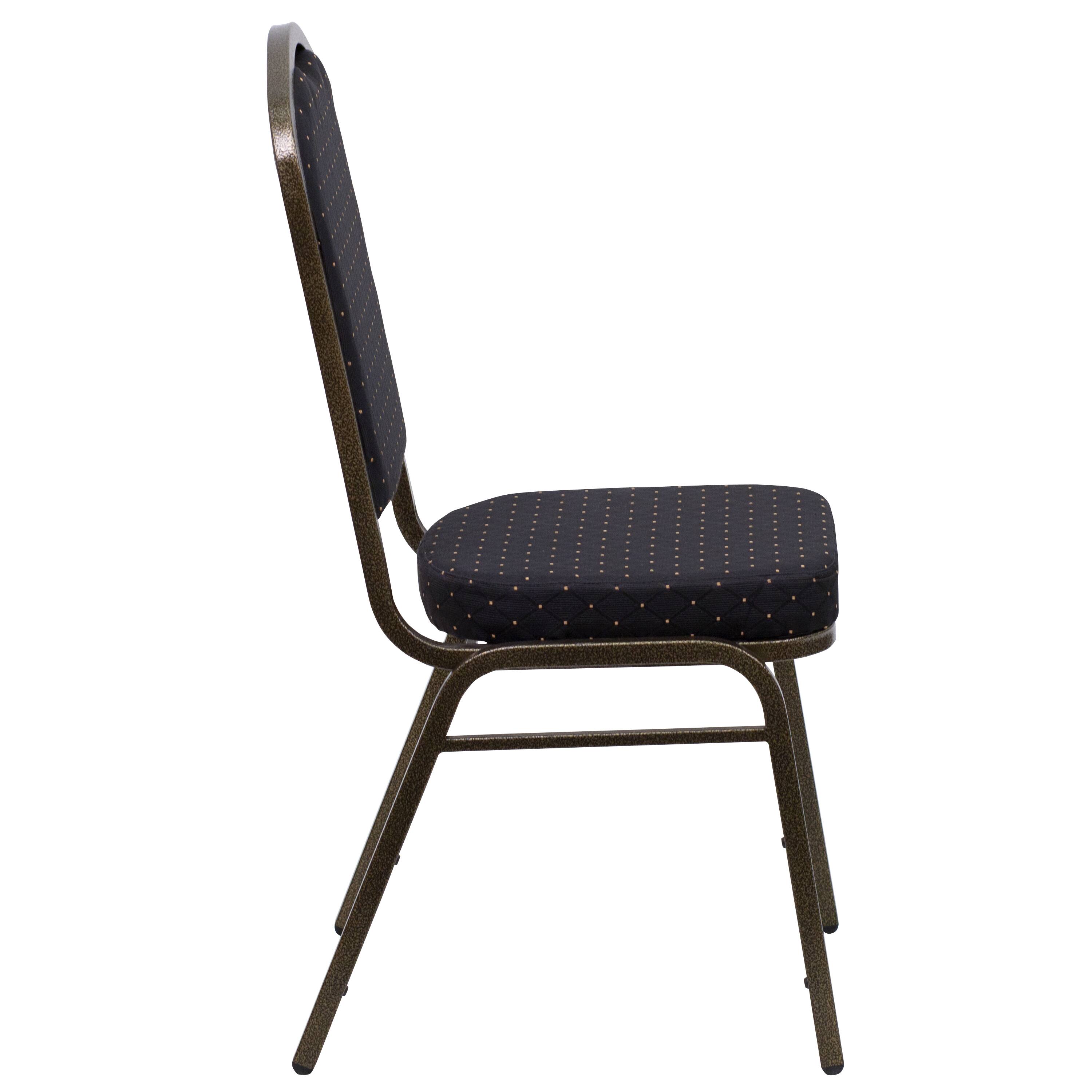 Alt View 4. Emma + Oliver - 4 Pack Crown Back Stacking Banquet Chair - Black Patterned Fabric/Gold Vein Frame.