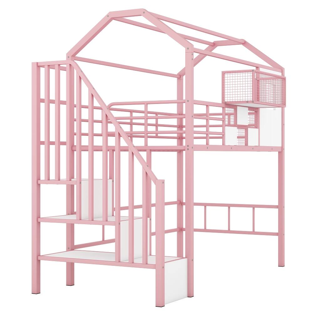 Alt View 4. Loheer - Loheer Metal Loft Bed Twin Size Pink House Bed with Storage - Pink.