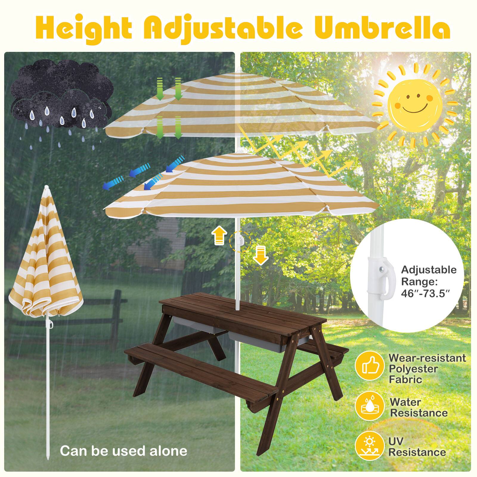 Height Adjustable Umbrella

Adjustable Range: 46"-73.5"

- Wear-resistant Polyester Fabric
- Water Resistance
- UV Resistance

Can be used alone