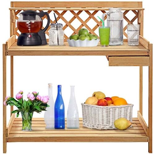Left. SlickBlue - Garden Potting Bench Solid Wood Work Table with Open Shelf Storage - Natural Wood.