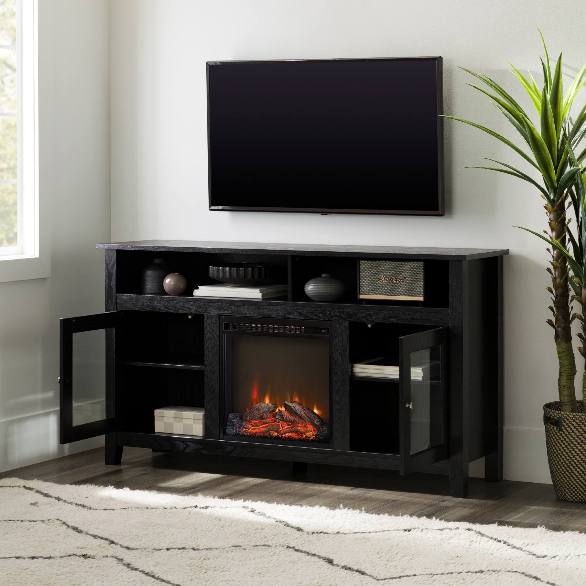 Walker Edison 58" Tall Glass Two Door Soundbar Storage Fireplace TV ...