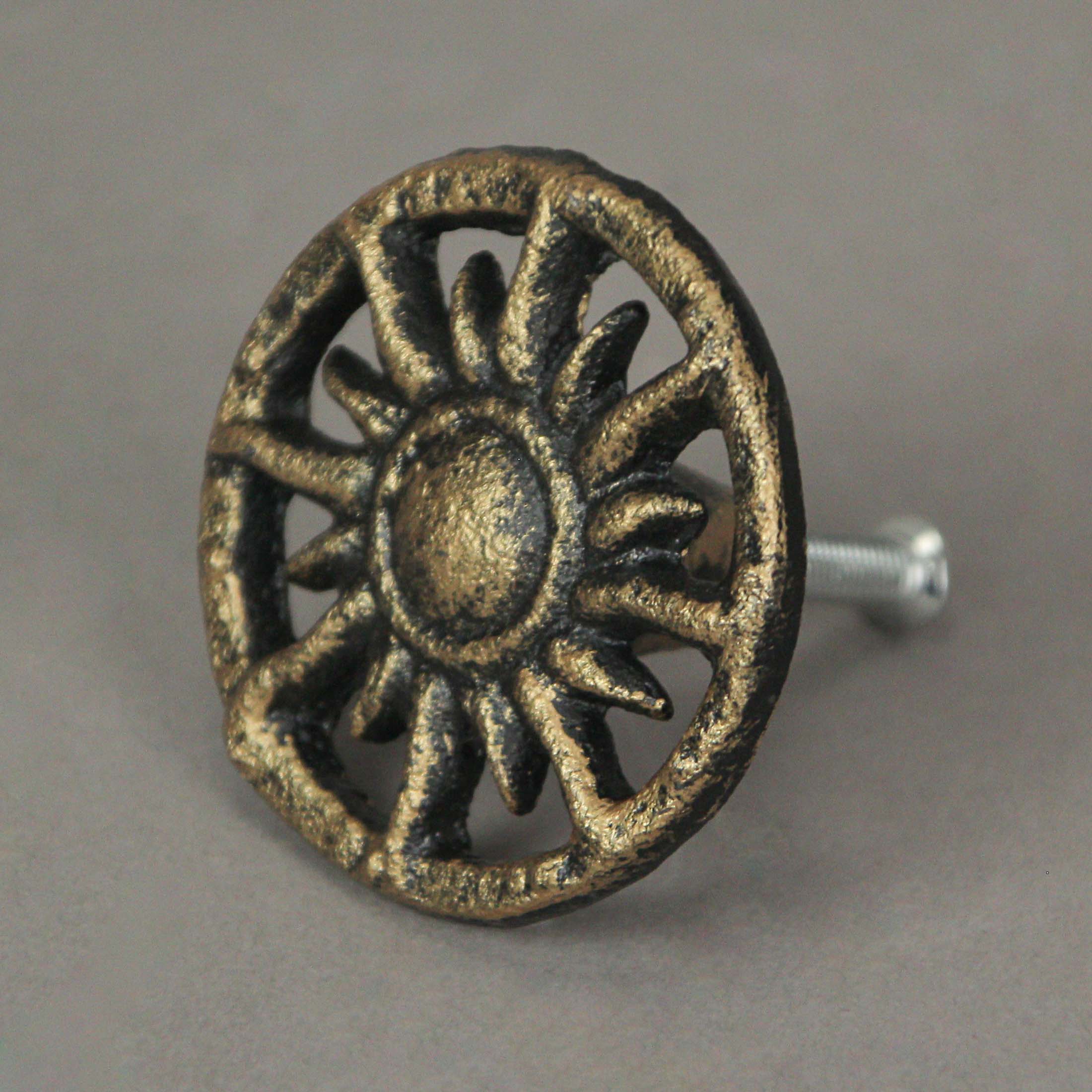 Alt View 8. Zeckos - Set of 6 Antique Golden Sun Cast Iron Drawer Pulls Cabinet Knob Home Decor - Gold.