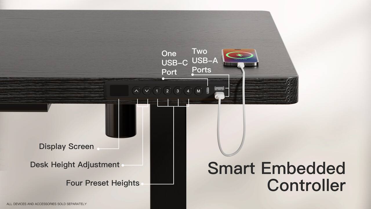 One USB-C Port  
Two USB-A Ports  

Display Screen  
Desk Height Adjustment  
Four Preset Heights  

Smart Embedded Controller  

All devices and accessories sold separately.
