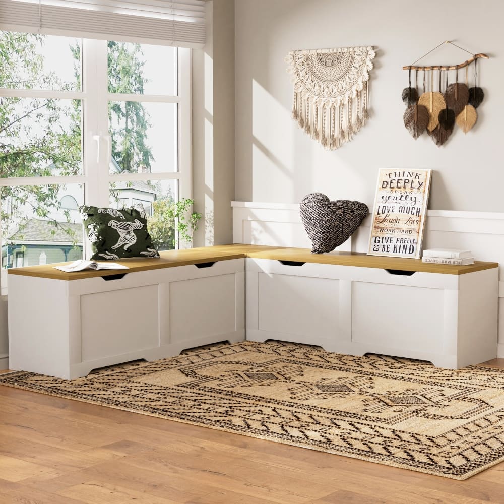 Ropilly - L-Shaped Storage Bench with Cushion, Corner Seating for Kitchen and Reading Nook - White and Natural price history on PriceWatchPro