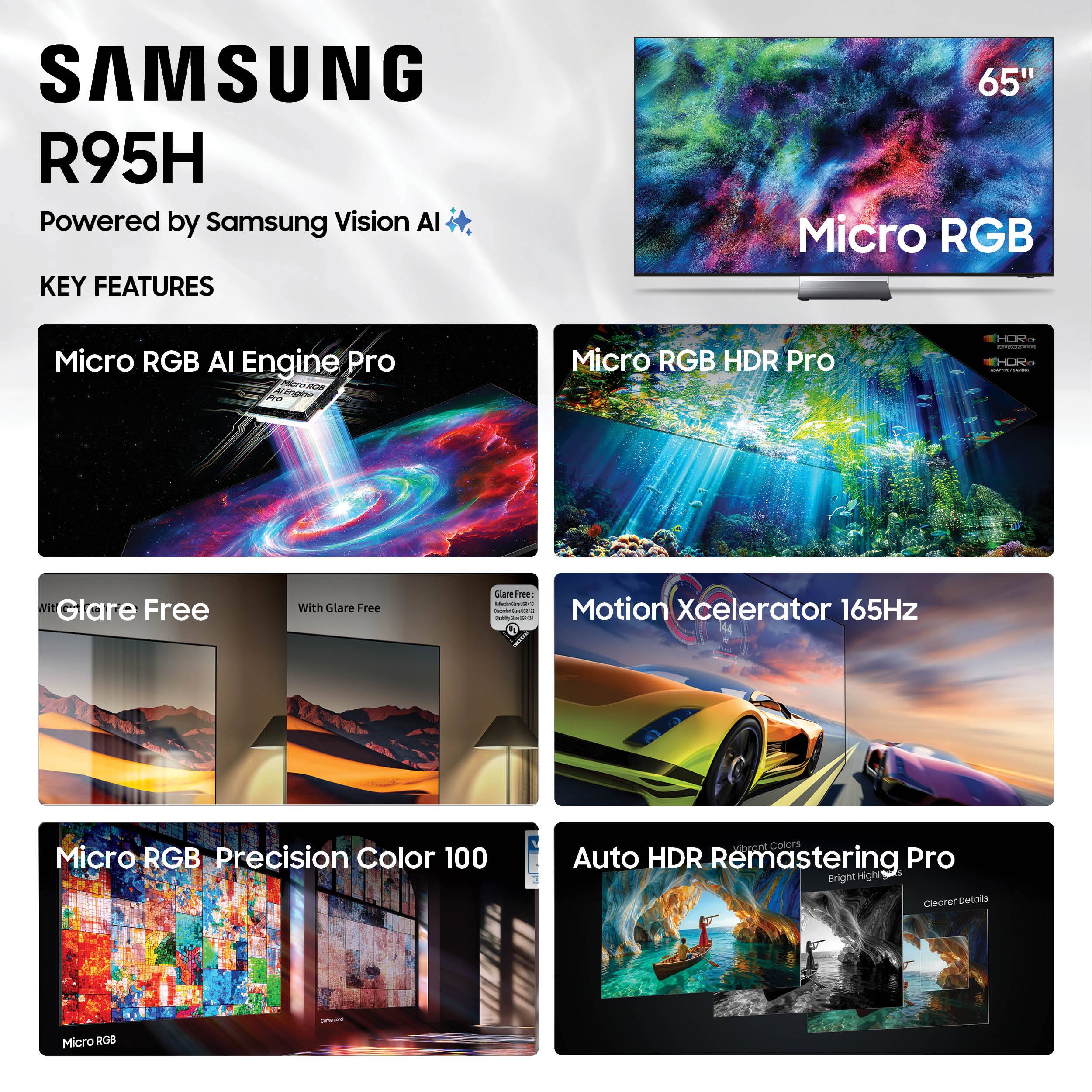 SAMSUNG R95H  
Powered by Samsung Vision AI  

KEY FEATURES  
- Micro RGB AI Engine Pro  
- Micro RGB HDR Pro  
- Glare Free  
- Motion Xcelerator 165Hz  
- Micro RGB Precision Color 100  
- Auto HDR Remastering Pro