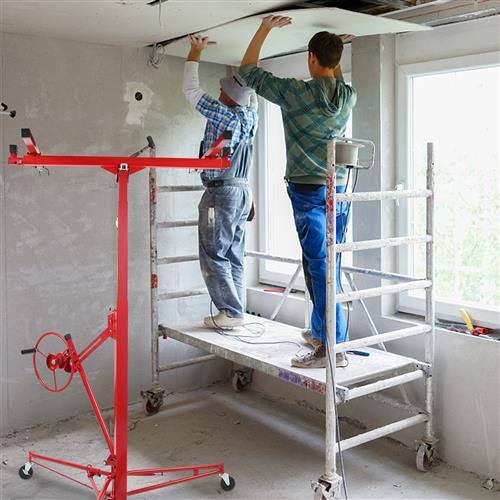 Back. Winado - 11FT Drywall Rolling Lifter Panel Hoist Jack with Lockable Casters & Tilting Cradle for Ceiling and Wall Installation - Red.