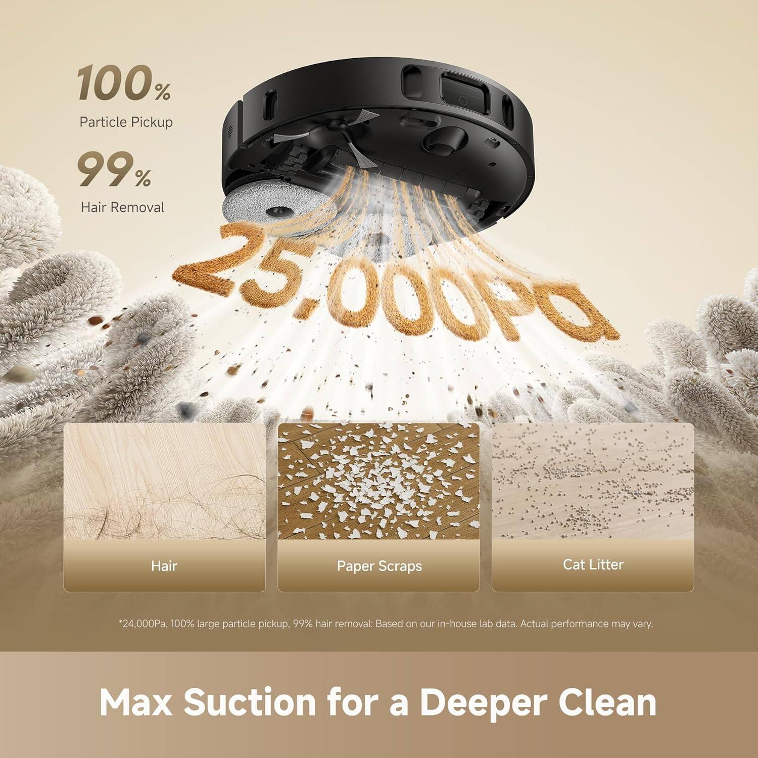 100% Particle Pickup  
99% Hair Removal  
25,000Pa  

100% large particle pickup, 99% hair removal: Based on our in-house lab data. Actual performance may vary.  

Max Suction for a Deeper Clean  

*24,000Pa, 100% large particle pickup, 99% hair removal: Based on our in-house lab data. Actual performance may vary.  

Hair  
Paper Scraps  
Cat Litter