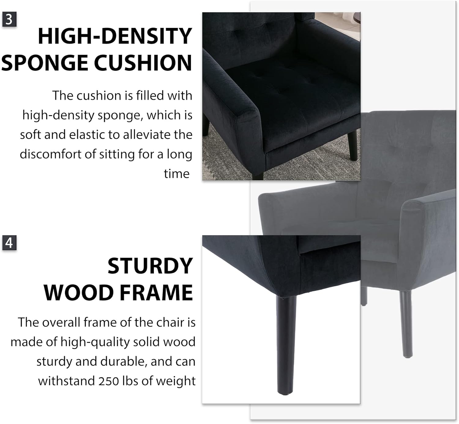 3. HIGH-DENSITY SPONGE CUSHION  
The cushion is filled with high-density sponge, which is soft and elastic to alleviate the discomfort of sitting for a long time.

4. STURDY WOOD FRAME  
The overall frame of the chair is made of high-quality solid wood, sturdy and durable, and can withstand 250 lbs of weight.