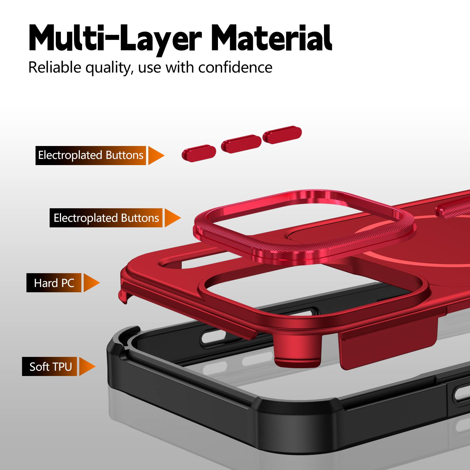 Multi-Layer Material  
Reliable quality, use with confidence  

Electroplated Buttons  
Electroplated Buttons  
Hard PC  
Soft TPU