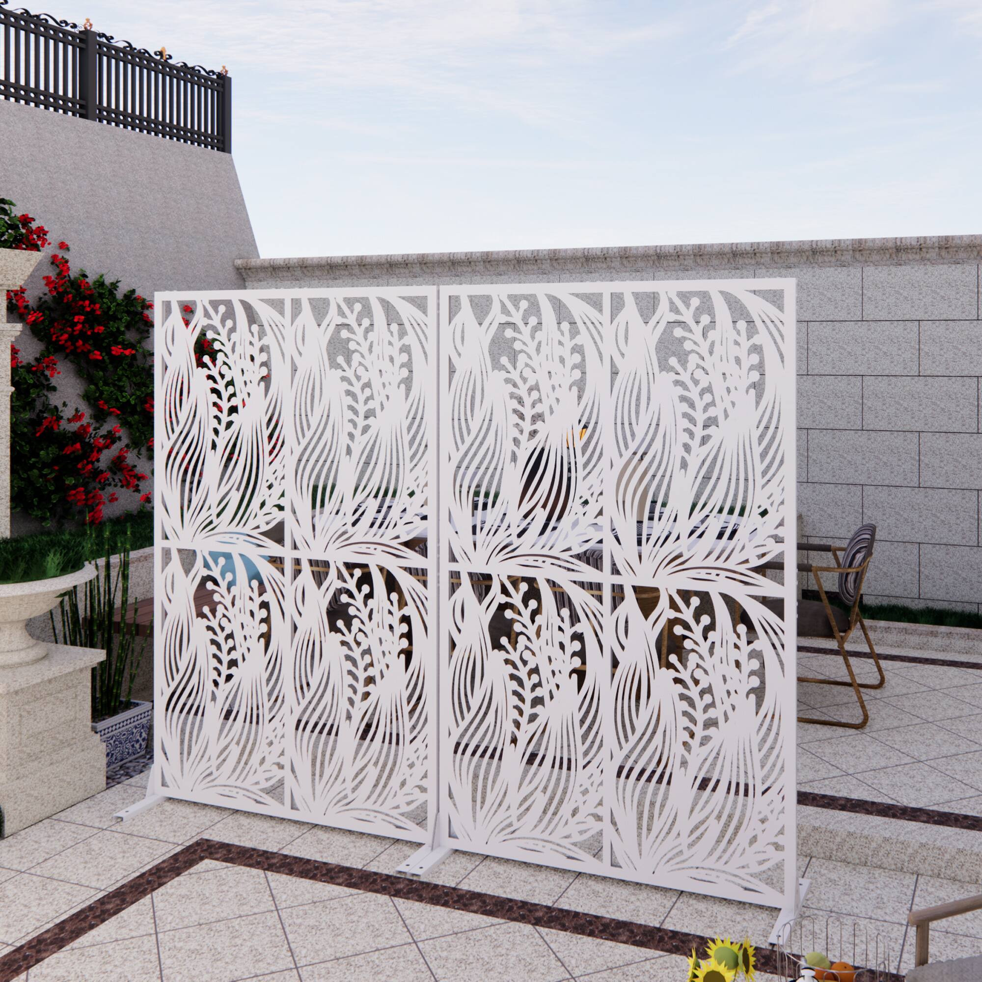Angle. Loheer - 3.8 ft x 6 ft Metal Privacy Screen Freestanding Room Divider for Patio Balcony Garden Leaf Pattern - White.