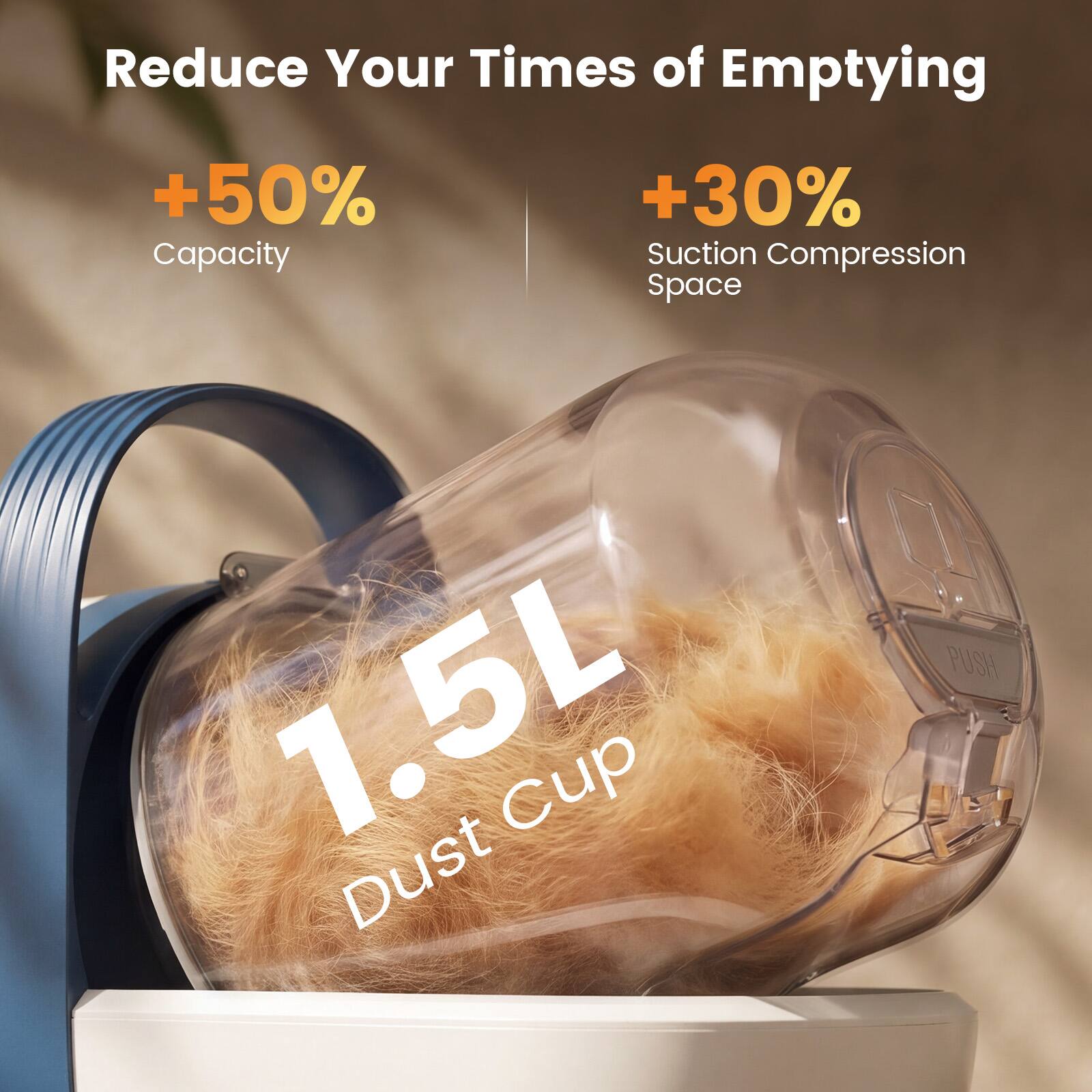 Reduce Your Times of Emptying

+50% Capacity

+30% Suction Compression Space

1.5L Dust Cup