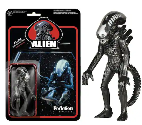 **WARNING: Choking Hazard.**
May contain small parts.
**AGE 17+**
**ADULT COLLECTIBLE - NOT A TOY**
**ADULTE COLLECTIONNEUR - PAS UN JOUET**
**COLECCIÓN DE ADULTOS - NO ES UN JUGUETE**
**COLLECTION DE VIDEOS - NO ESTÁ DIRIGIDO A NIÑOS**
**ALIEN**
(with metallic flesh)
**ACTION FIGURE**
**ReAction Figure**