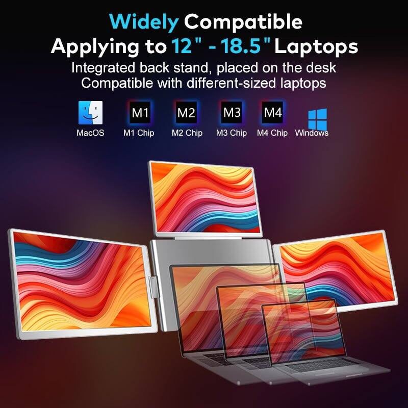 Widely Compatible  
Applying to 12" - 18.5" Laptops  
Integrated back stand, placed on the desk  
Compatible with different-sized laptops  

- MacOS  
- M1 Chip  
- M2 Chip  
- M3 Chip  
- M4 Chip  
- Windows