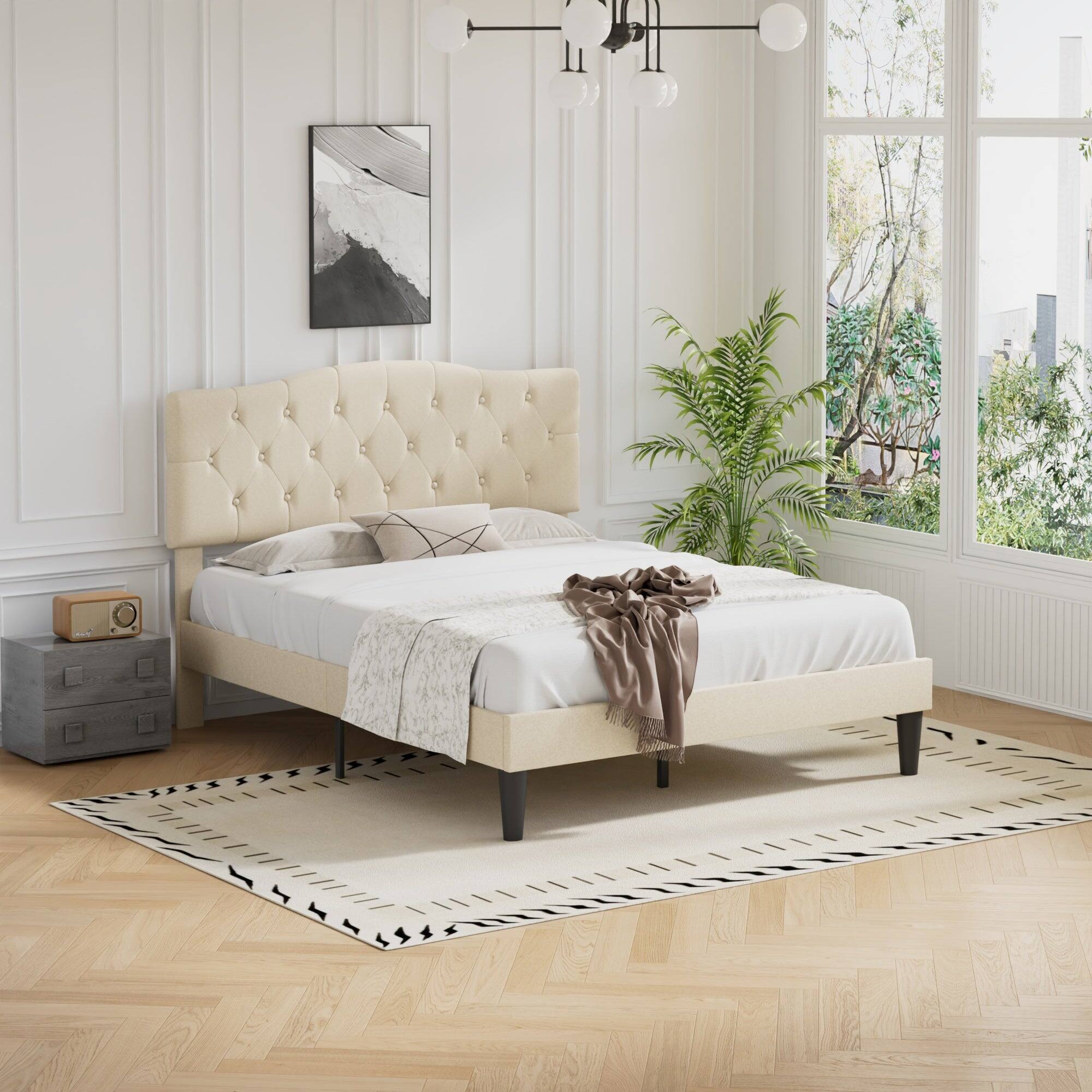 Alt View 1. Vecelo - Queen Upholstered Platform Bed Frame with Adjustable Tufted Headboard, Heavy-Duty Metal & Wood Slats, Noise-Free Design - Beige.