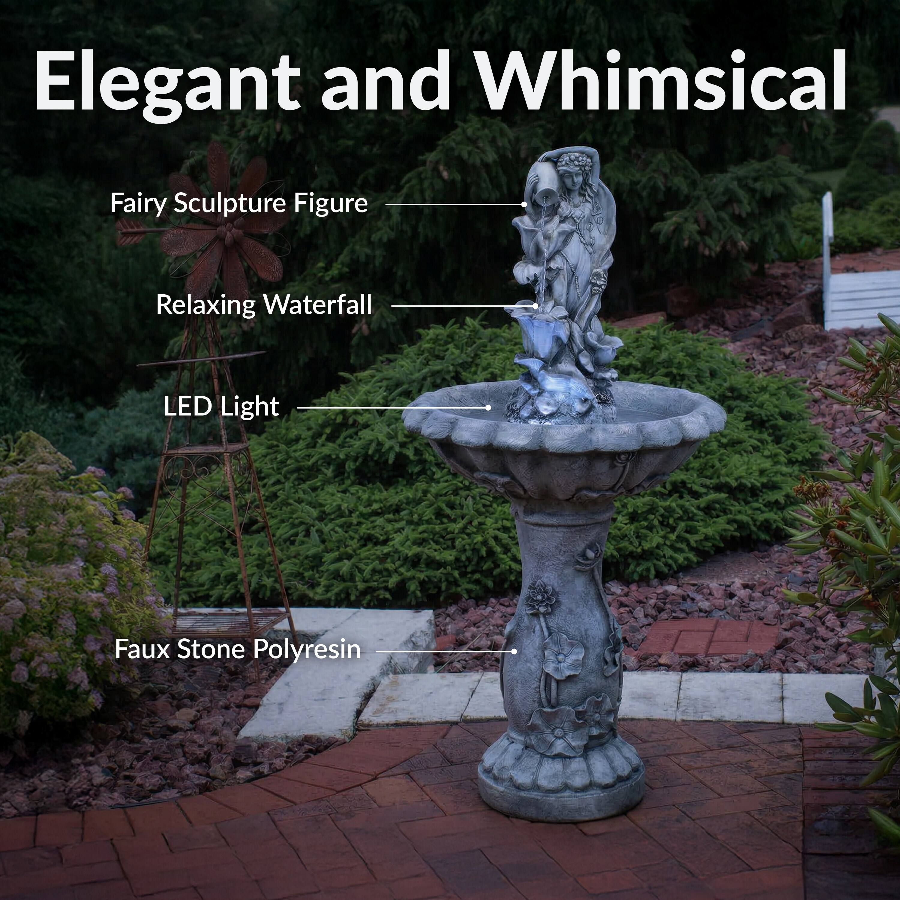 Elegant and Whimsical

- Fairy Sculpture Figure
- Relaxing Waterfall
- LED Light
- Faux Stone Polyresin