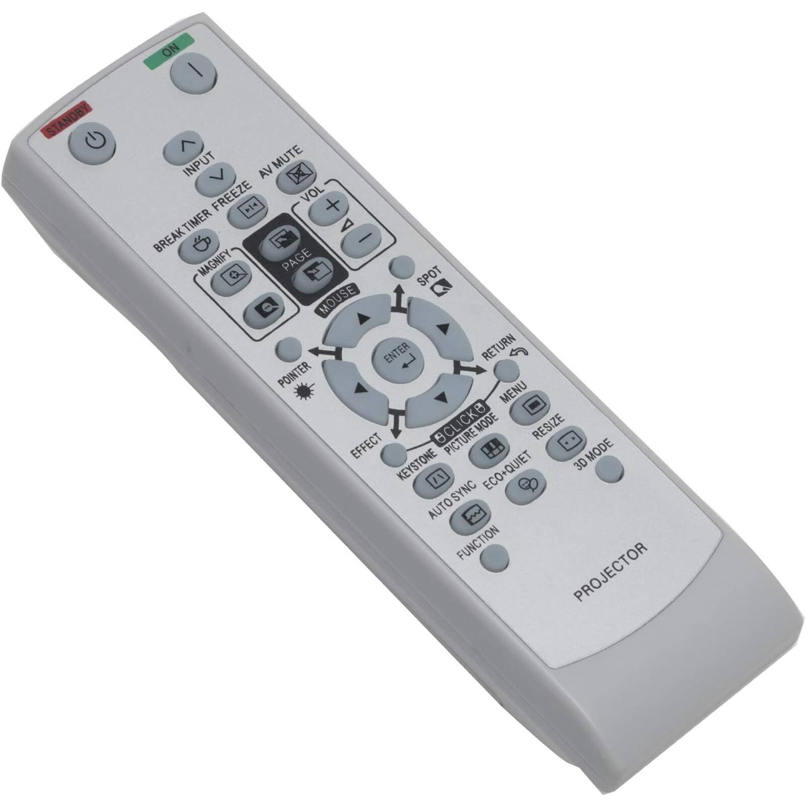 STANDBY ON  
INPUT FREEZE AV MUTE VOL + > BREAK TIMER TIMER BREAK - MAGNIFY PAGE SPOT P MOUSE ENTER RETURN POINTER MENU EFFECT SCLICKB PICTURE RESIZE H. MODE KEYSTONE ECO+QUIET 3D I AUTO SYNC SYNC AUTO w FUNCTION PROJECTOR