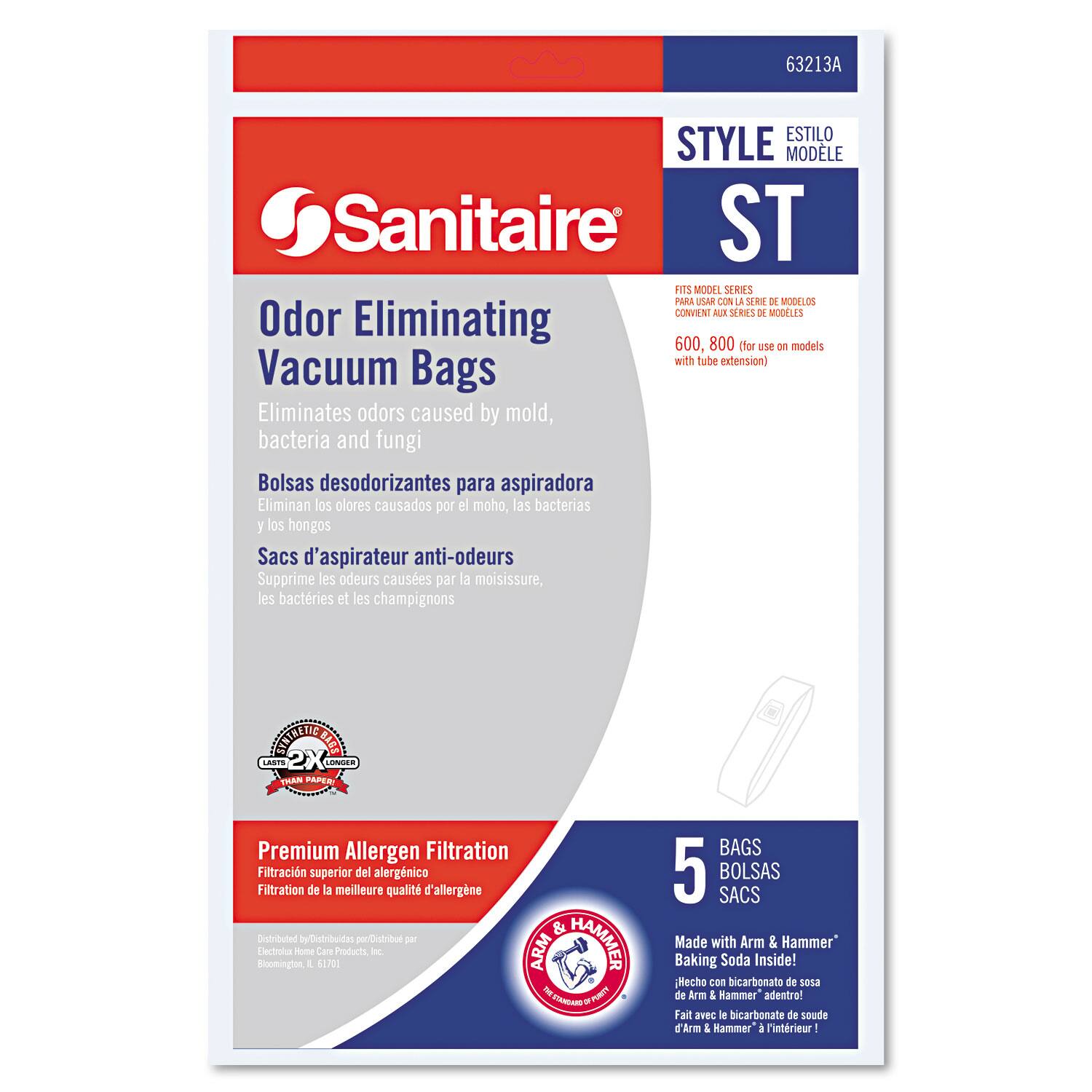 63213A  
Sanitaire®  
STYLE ST  
ESTILO MODELO  

Odor Eliminating Vacuum Bags  
Eliminates odors caused by mold, bacteria and fungi  
Bolsas desodorizantes para aspiradora  
Eliminan los olores causados por el moho, las bacterias y los hongos  
Sacs d'aspirateur anti-odeurs  
Supprime les odeurs causées par la moisissure, les bactéries et les champignons  

Premium Allergen Filtration  
Filtración superior del alérgenico  
Filtration de la meilleure qualité d'allergène  

FITS MODEL SERIES:  
PARA USAR CON LA SERIE DE MODELOS  
CONVEX AUX SÉRIES DE MODÈLES  
600, 800 (for use on models with tube extension)  

5 BAGS  
5 BOLSAS  
5 SACS  

Made with Arm & Hammer® Baking Soda Inside!  
Hecho con bicarbonato de soda de Arm & Hammer® adentro!  
Fait avec le bicarbonate de soude d'Arm & Hammer® à l'intérieur!  

Distributed by