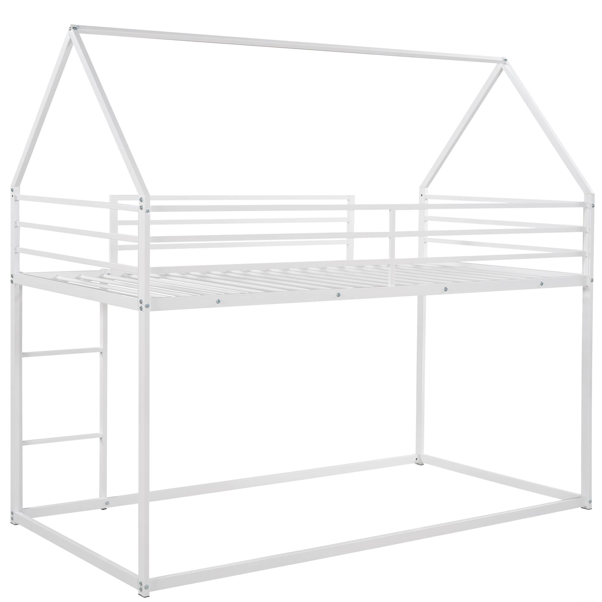 Back. GOODSILO - Space-Saving Twin Over Twin Metal Bunk Bed with Built-In Ladder and Playhouse Design - White.
