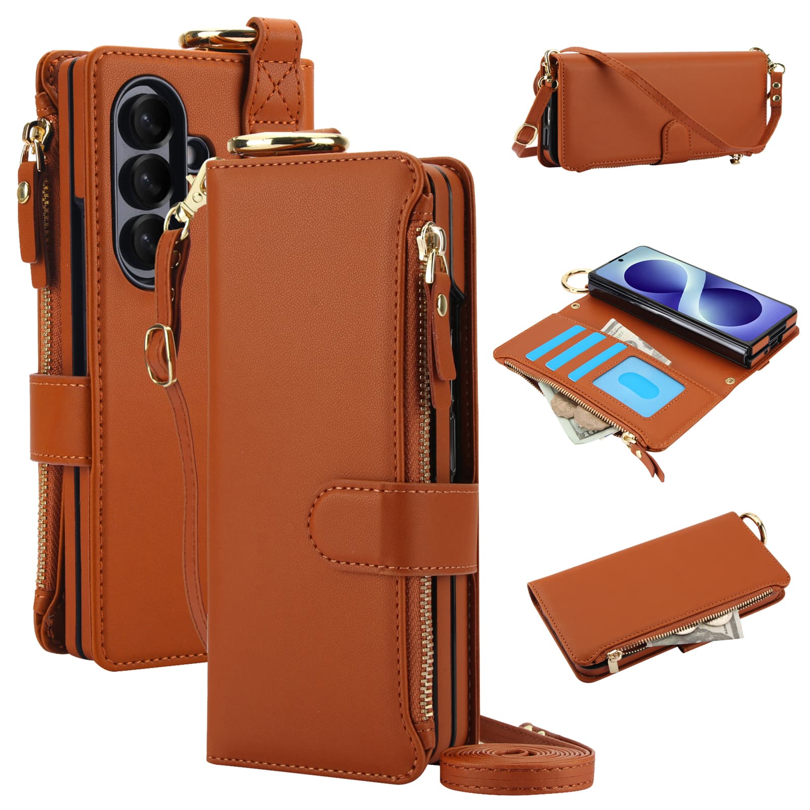 Dteck - Crossbody Wallet Phone Case for Samsung Galaxy Z Fold8 Ultra, Shockproof PU Leather TPU Cover with Hand Strap Kickstand - Brown price history on PriceWatchPro