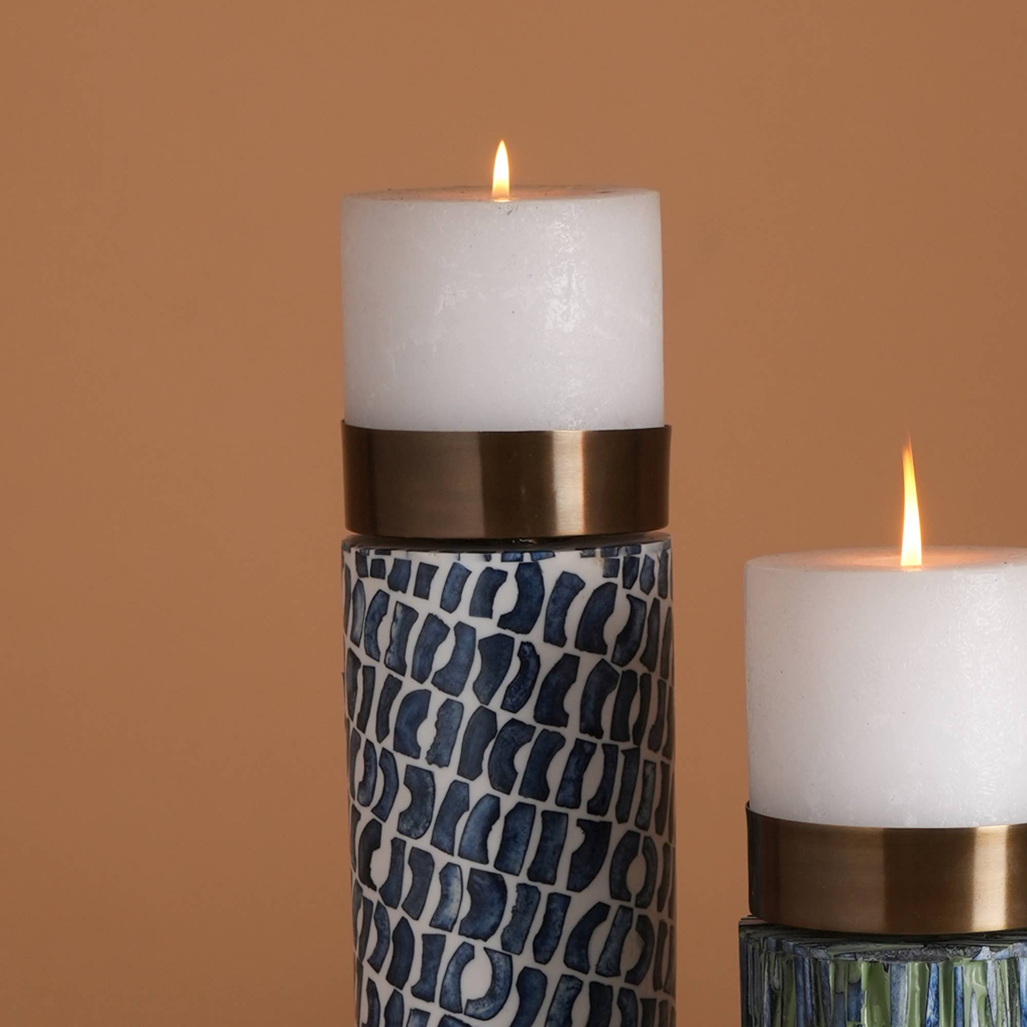 Back. TinyHomie - Elegant Handcrafted Candle Stand Blue Bone White Resin Inlay Brass Top 4X155.