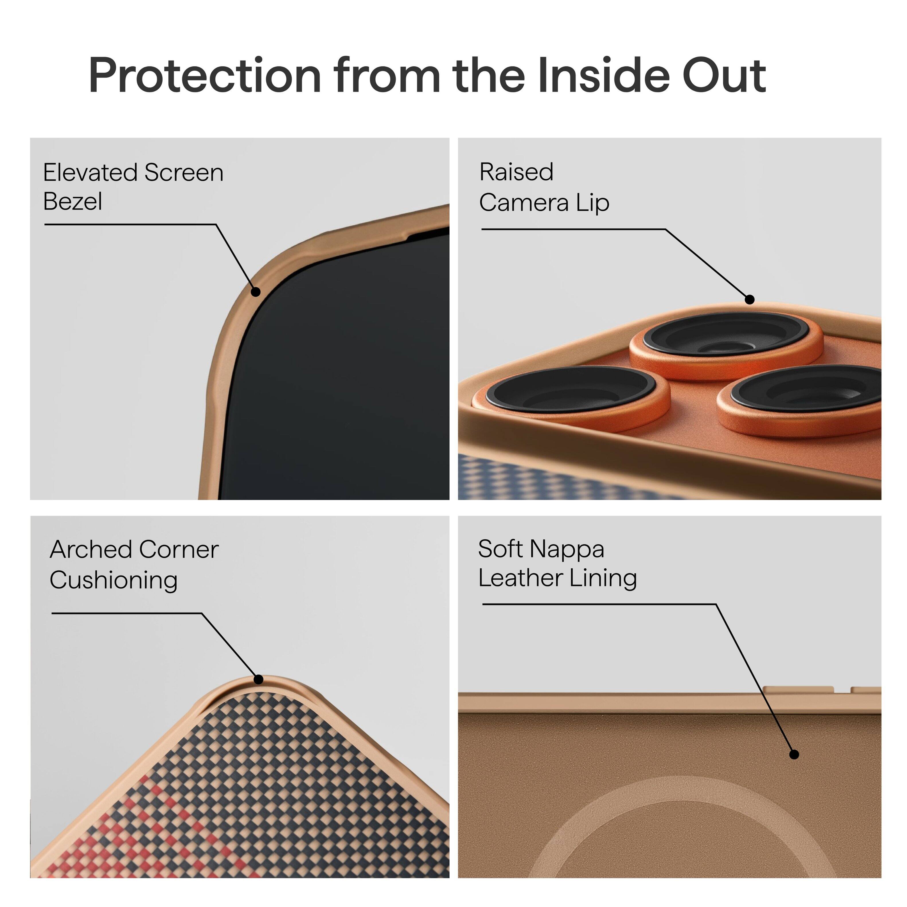 Protection from the Inside Out

- Elevated Screen Bezel
- Raised Camera Lip
- Arched Corner Cushioning
- Soft Nappa Leather Lining