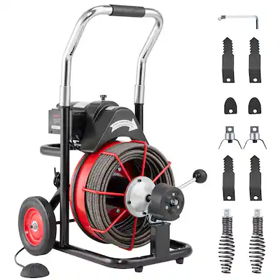 VEVOR 50ft Electric Drain Snake Machine - 1/2" Cable, 250W Motor, Foot Switch For 1"-4" Pipes (Includes Cutters)