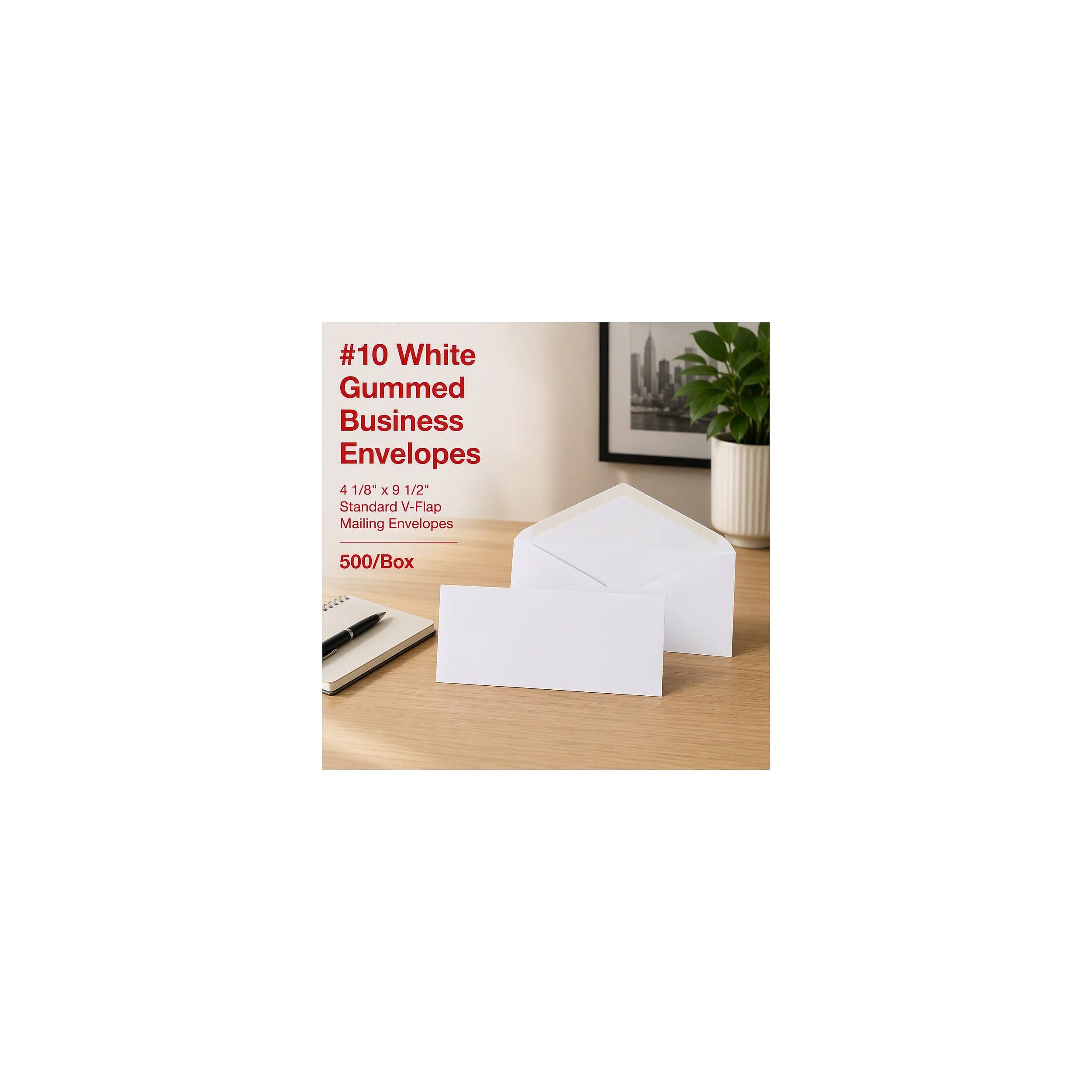 #10 White Gummed Business Envelopes  
4 1/8" x 9 1/2" Standard V-Flap Mailing Envelopes  
500/Box