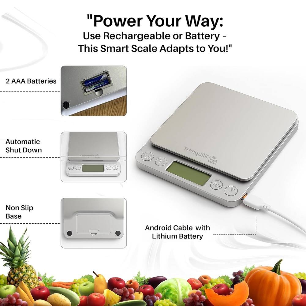 "Power Your Way: Use Rechargeable or Battery – This Smart Scale Adapts to You!"
- 2 AAA Batteries
- Automatic Shut Down
- Non Slip Base
- Android Cable with Lithium Battery