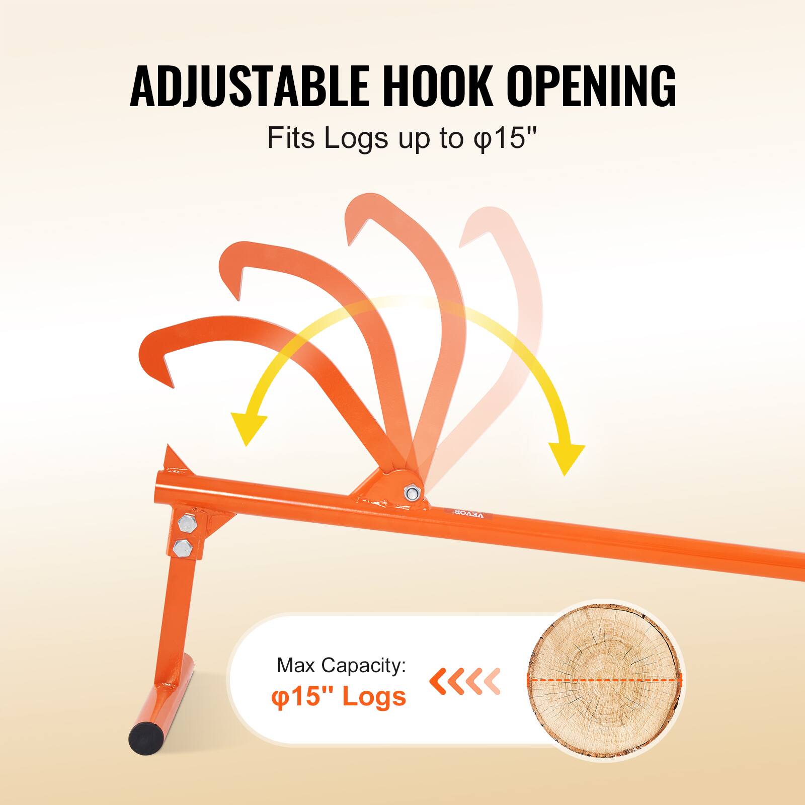 ADJUSTABLE HOOK OPENING  
Fits Logs up to 15"  

Max Capacity: 15" Logs