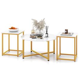 Gymax - Round Nesting Table Set of 3 Modern/Farmhouse Coffee Table w/2 End Tables White & Gold - White, Gold