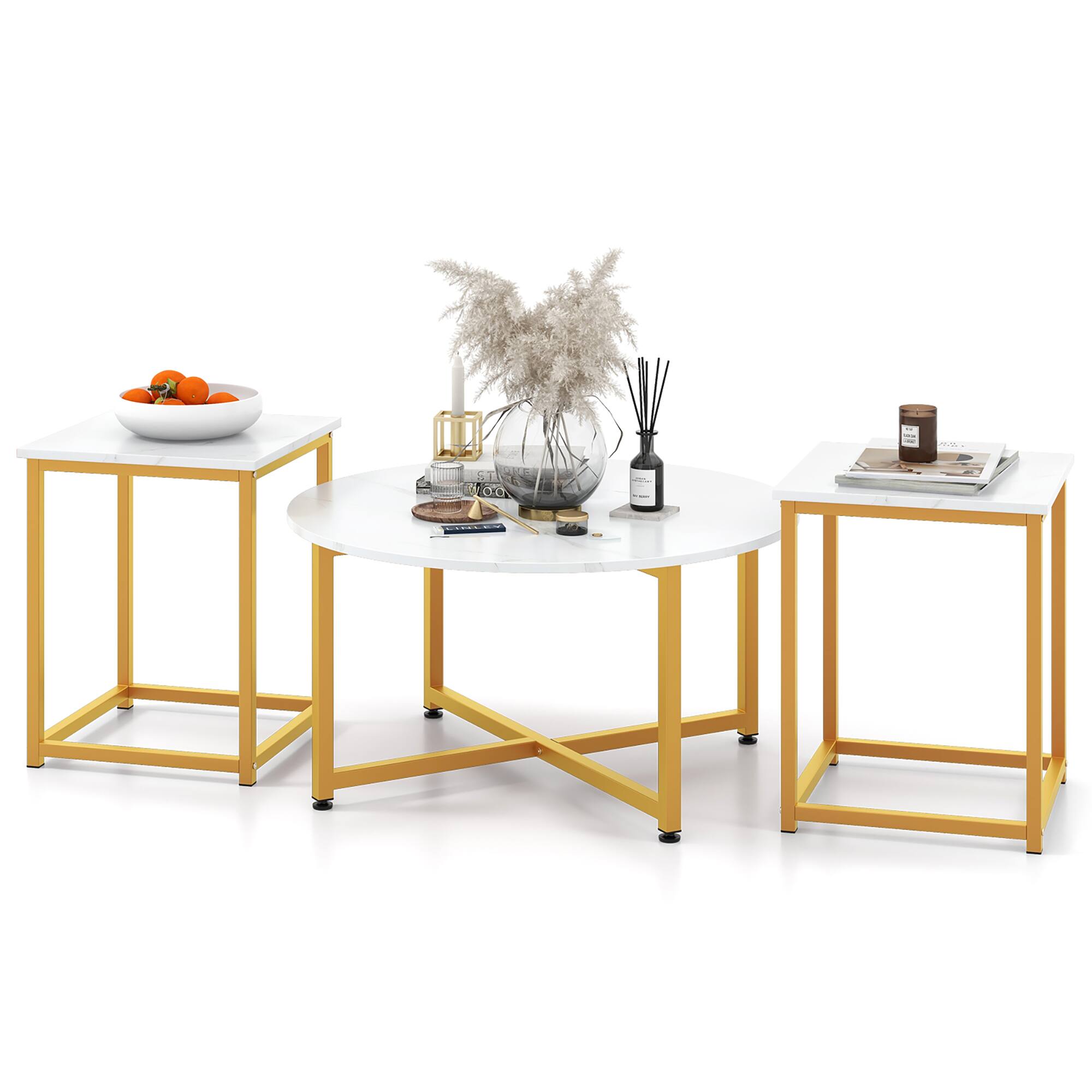 Front. Gymax - Gymax Round Nesting Table Set of 3 Modern/Farmhouse Coffee Table w/2 End Tables White & Gold - White, Gold.