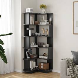 HTUTWOO - 5-Tier L-Shaped Corner Bookshelf, Space-Saving Freestanding Storage Bookcase, Stable, for Living Room Bedroom Office - Black