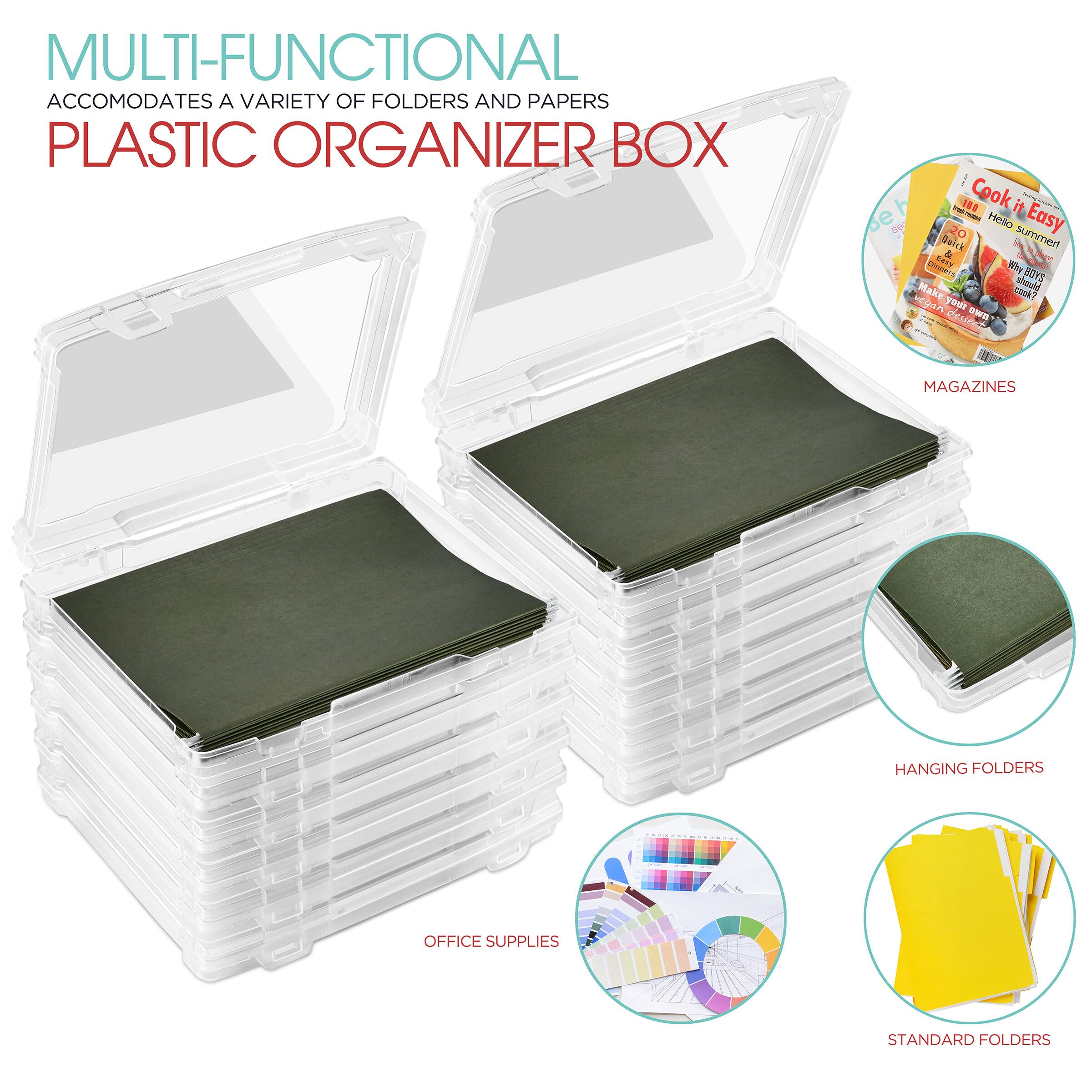 MULTI-FUNCTIONAL  
ACCOMMODATES A VARIETY OF FOLDERS AND PAPERS  
PLASTIC ORGANIZER BOX  

- MAGAZINES  
- HANGING FOLDERS  
- OFFICE SUPPLIES  
- STANDARD FOLDERS