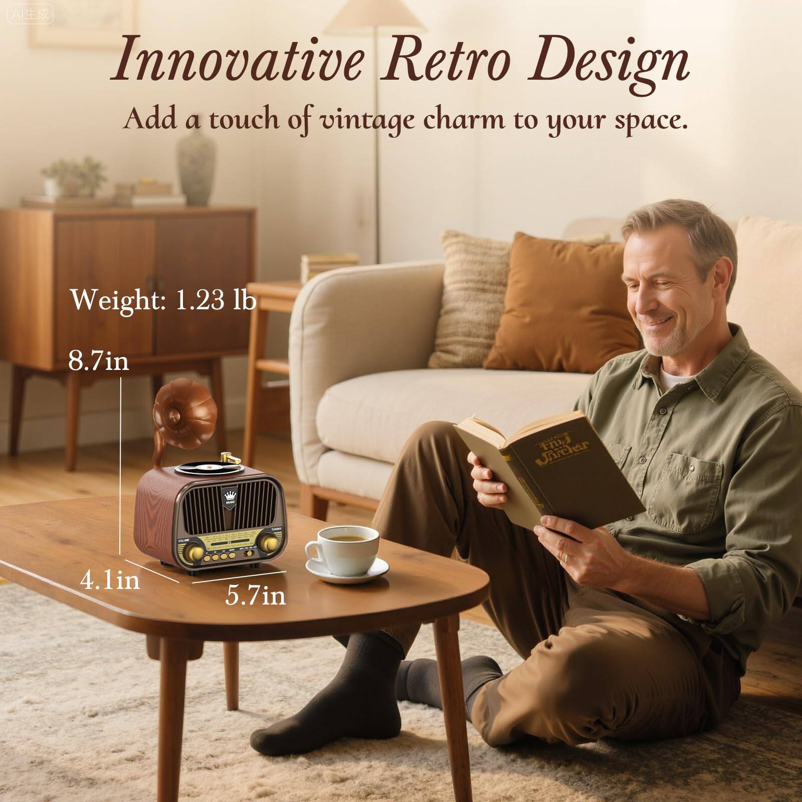 Innovative Retro Design  
Add a touch of vintage charm to your space.  

Weight: 1.23 lb  
8.7in  
4.1in  
5.7in