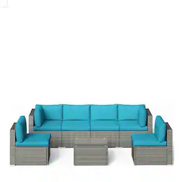 Mondawe - 7-Piece Wicker Couch Patio Set with Removable Cushions and Glass Coffee Table - Grey+Blue