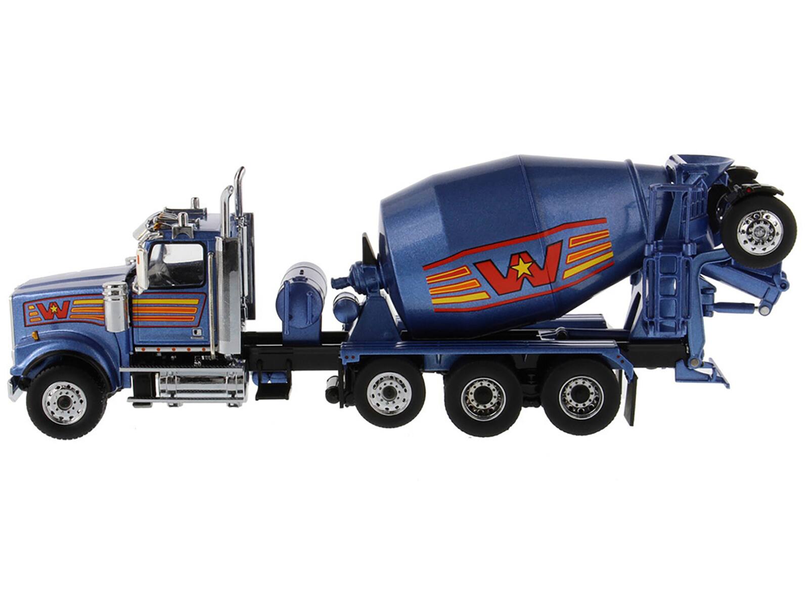 Angle. Diecast Masters - Western Star 4900 with Bridgemaster McNeilus Mixer Blue Metallic Transport Series 1/50 Diecast Model Diecast Masters - Metallic Blue.