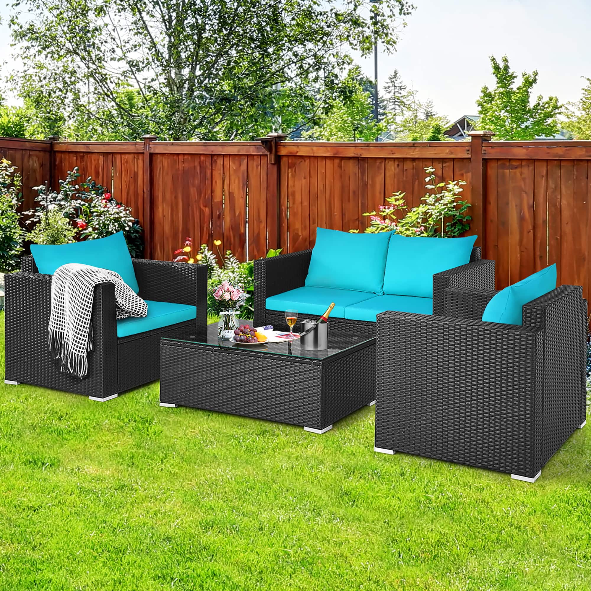 Costway - 4PCS Patio Rattan Cushioned Sofa Chair Coffee Table - black, Turquoise