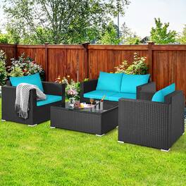 Costway - 4PCS Patio Rattan Cushioned Sofa Chair Coffee Table - black, Turquoise