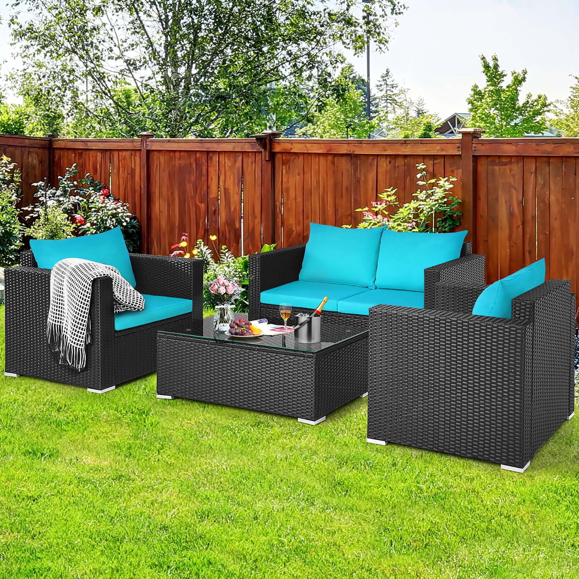Alt View 1. Costway - Costway 4PCS Patio Rattan Cushioned Sofa Chair Coffee Table - Black,Turquoise.