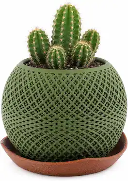 JuzToys - 3D Printed Paragon Planter with Drip Tray, Small Indoor Plant Pot w/Saucer Modern Geometric Desk Shelf Decor by PowerTRC - Green|Brown