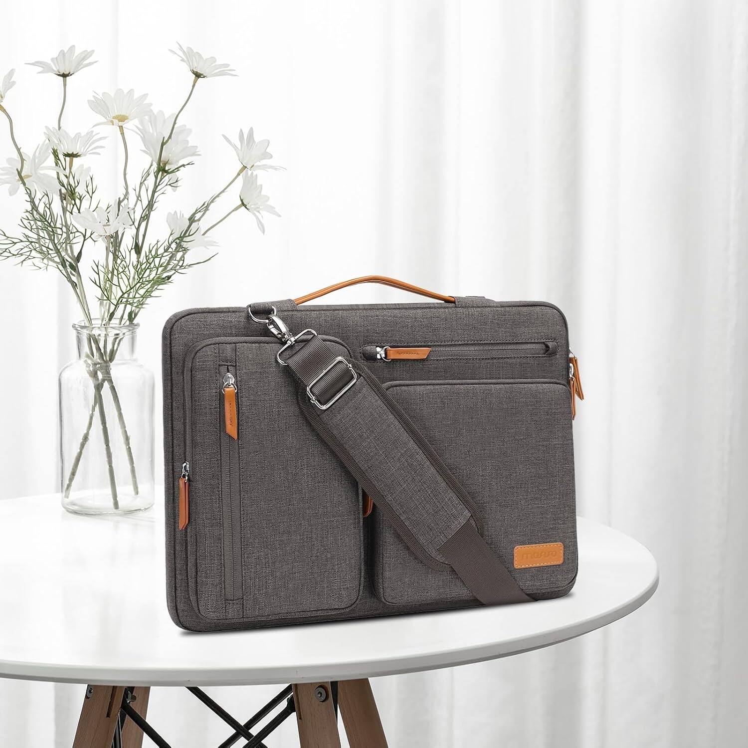 Left. mosiso - 360 Protective Laptop Shoulder Bag 15 inch Computer Messenger Bags for MacBook Air 15 M5 M4 M3 M2/Pro 15/Dell XPS Plus - Taupe Gray.