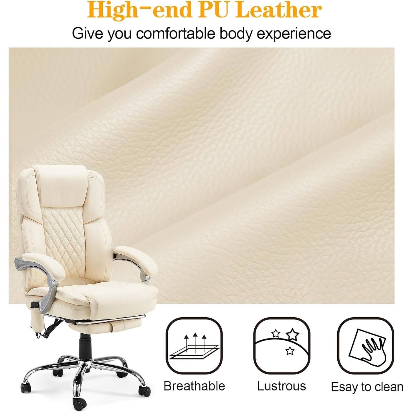 High-end PU Leather  
Give you comfortable body experience  

- Breathable  
- Lustrous  
- Easy to clean