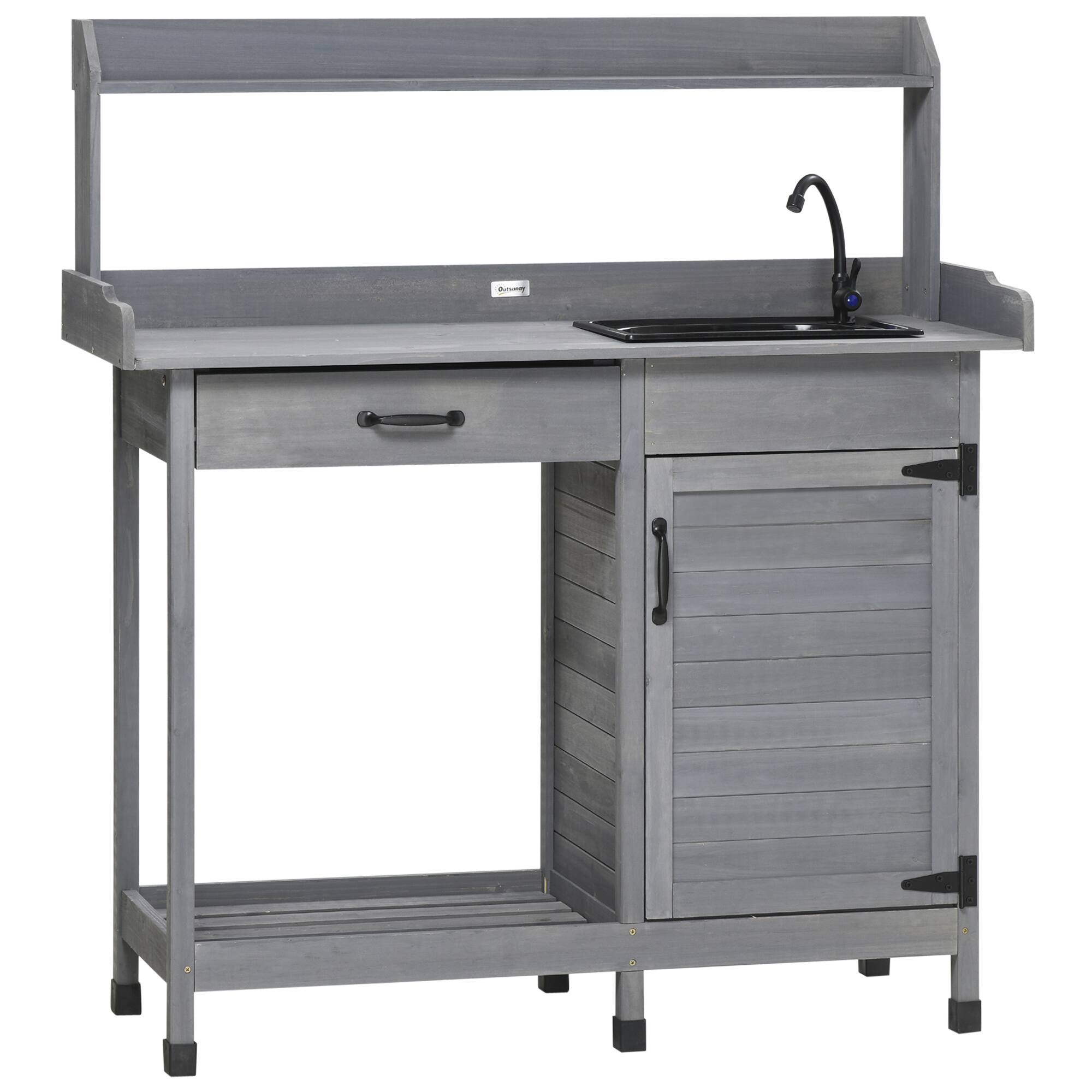 Outsunny - Potting Bench Table with Sink, Outdoor Work Bench Table with Storage Cabinet, Hooks, Removable Sink - Gray